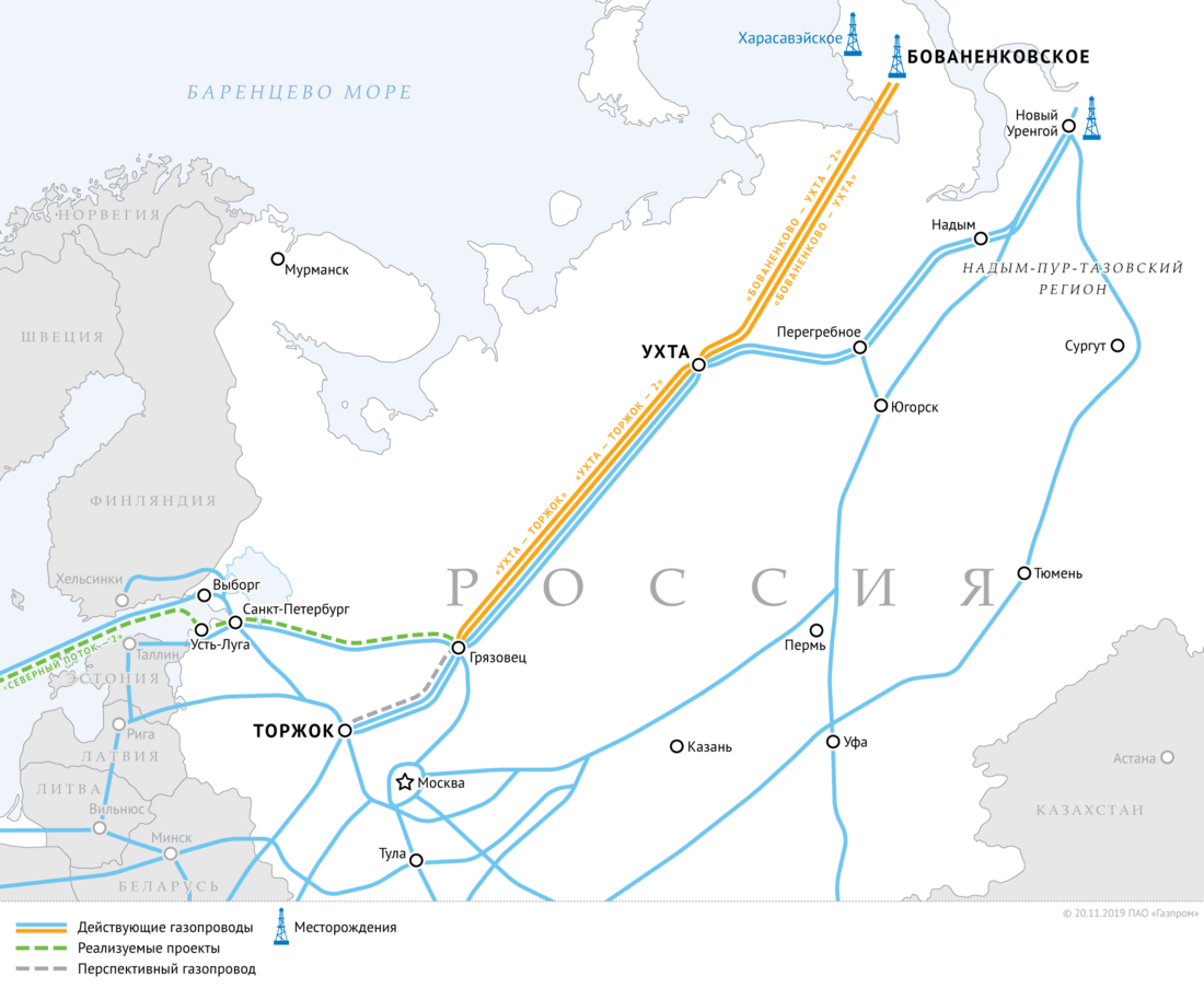 Схема газопроводов «Бованенково — Ухта», «Бованенково — Ухта — 2», «Ухта — Торжок» и «Ухта — Торжок — 2»