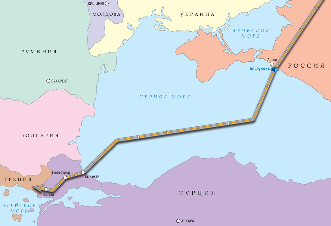 Схема планируемой трассы газопровода из России в направлении Турции