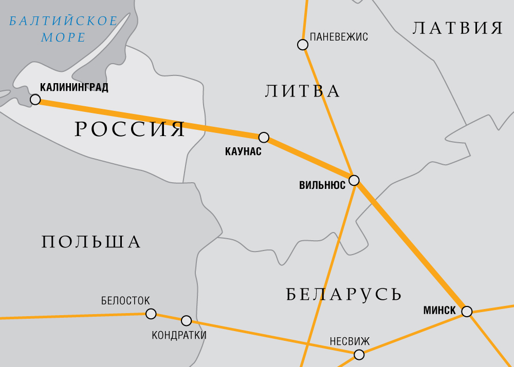 План-схема газопровода «Минск — Вильнюс — Каунас — Калининград»