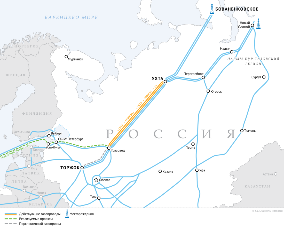 Схема газопроводов «Ухта — Торжок» и «Ухта — Торжок — 2»
